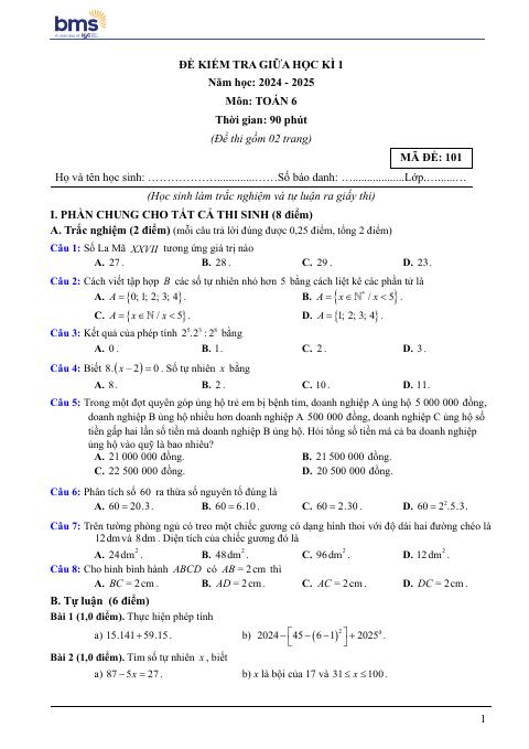 Đề thi Giữa kì 1 Toán 6 năm 2024-2025 trường Ban Mai School (Hà Nội)